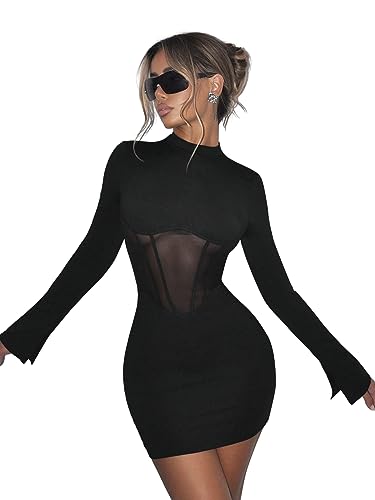 Women's Sexy Open Back Sheer Mesh Long Sleeve Backless Bodycon Party Mini Dress