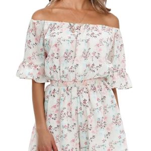 Women's Summer Floral Romper Dress Off Shoulder Ruffle Elastic Wasit Wide Leg Shorts Jumpsuit Vacation Beach 2025