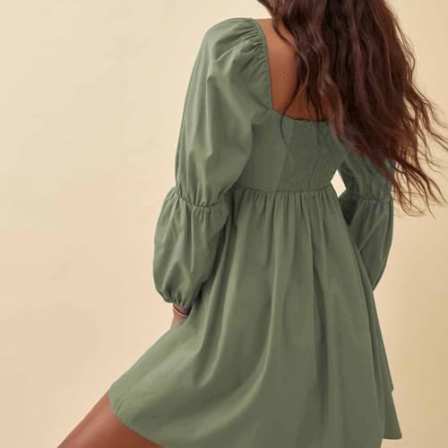 Womens 2025 Square Neck Dress Long Puff Sleeve A-Line Casual Short Mini Dresses