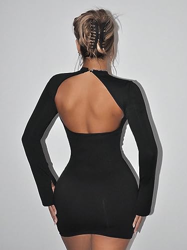 Women's Sexy Open Back Sheer Mesh Long Sleeve Backless Bodycon Party Mini Dress